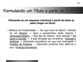 232
Formulando um Título a partir do Tema
Formulando um Título a partir do Tema
Efetuando-se um esquema relacional a partir do tema se
pode chegar ao título:
- Melhoria da Produtividade → Por qual meio se obterá ? Através
de um Sistema → Qual a característica deste sistema ?
Antropotecnológico → Que tipo de sistema será utilizado ? De
Apoio à Decisão → A qual atividade que se destina ? Aplicado a
Gerência → (Demanda secundária) em que será empregado ?
Projetos de Produtos → (Demanda primária) Para obter-se o
que ? Produtos Moveleiros.
 