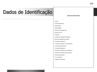 259
Dados de Identificação
Dados de Identificação DADOS DE IDENTIFICAÇÃO
1 Nome:
2 Data de Nascimento:
3 Naturalidade:
4 Nacionalidade:
5 Número da Identidade Civil:
6 Número do CPF:
7 Profissão:
8 Número da Identidade Profissional:
9 Nome da Instituição ou Empresa:
10 Endereço Profissional:
11 Número do Telefone e Fax Profissional:
12 Home Page Institucional:
13 Endereço Residencial:
14 Número de Telefone e Fax Residencial:
15 Número do Telefone Pessoal (celular):
16 Home Page Pessoal:
17 e-mail Pessoal:
18 Referências Pessoais:
 