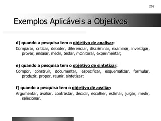 269
Exemplos Aplicáveis a Objetivos
Exemplos Aplicáveis a Objetivos
d) quando a pesquisa tem o objetivo de analisar:
Comparar, criticar, debater, diferenciar, discriminar, examinar, investigar,
provar, ensaiar, medir, testar, monitorar, experimentar;
e) quando a pesquisa tem o objetivo de sintetizar:
Compor, construir, documentar, especificar, esquematizar, formular,
produzir, propor, reunir, sintetizar;
f) quando a pesquisa tem o objetivo de avaliar:
Argumentar, avaliar, contrastar, decidir, escolher, estimar, julgar, medir,
selecionar.
 