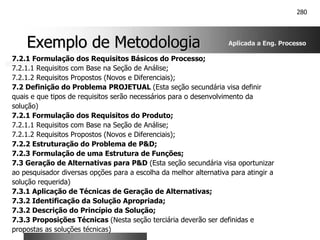 280
Exemplo de Metodologia
Exemplo de Metodologia
7.2.1 Formulação dos Requisitos Básicos do Processo;
7.2.1.1 Requisitos com Base na Seção de Análise;
7.2.1.2 Requisitos Propostos (Novos e Diferenciais);
7.2 Definição do Problema PROJETUAL (Esta seção secundária visa definir
quais e que tipos de requisitos serão necessários para o desenvolvimento da
solução)
7.2.1 Formulação dos Requisitos do Produto;
7.2.1.1 Requisitos com Base na Seção de Análise;
7.2.1.2 Requisitos Propostos (Novos e Diferenciais);
7.2.2 Estruturação do Problema de P&D;
7.2.3 Formulação de uma Estrutura de Funções;
7.3 Geração de Alternativas para P&D (Esta seção secundária visa oportunizar
ao pesquisador diversas opções para a escolha da melhor alternativa para atingir a
solução requerida)
7.3.1 Aplicação de Técnicas de Geração de Alternativas;
7.3.2 Identificação da Solução Apropriada;
7.3.2 Descrição do Princípio da Solução;
7.3.3 Proposições Técnicas (Nesta seção terciária deverão ser definidas e
propostas as soluções técnicas)
Aplicada a Eng. Processo
 