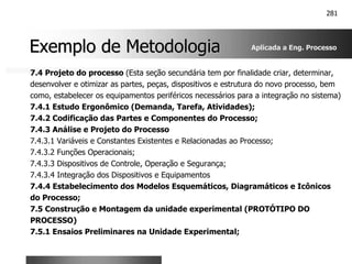 281
Exemplo de Metodologia
Exemplo de Metodologia
7.4 Projeto do processo (Esta seção secundária tem por finalidade criar, determinar,
desenvolver e otimizar as partes, peças, dispositivos e estrutura do novo processo, bem
como, estabelecer os equipamentos periféricos necessários para a integração no sistema)
7.4.1 Estudo Ergonômico (Demanda, Tarefa, Atividades);
7.4.2 Codificação das Partes e Componentes do Processo;
7.4.3 Análise e Projeto do Processo
7.4.3.1 Variáveis e Constantes Existentes e Relacionadas ao Processo;
7.4.3.2 Funções Operacionais;
7.4.3.3 Dispositivos de Controle, Operação e Segurança;
7.4.3.4 Integração dos Dispositivos e Equipamentos
7.4.4 Estabelecimento dos Modelos Esquemáticos, Diagramáticos e Icônicos
do Processo;
7.5 Construção e Montagem da unidade experimental (PROTÓTIPO DO
PROCESSO)
7.5.1 Ensaios Preliminares na Unidade Experimental;
Aplicada a Eng. Processo
 