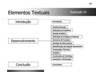 309
Elementos Textuais
Elementos Textuais Exemplo IV
Introdução
Problematização
Definição do Problema
Geração de Alternativas
Introdução
Desenvolvimento
Conclusão Conclusões
Estudo Analítico
Projetos
Definição do Problema Projetual
Estrutura de Funções
Identificação da Solução Apropriada
Proposições Técnicas
Construção do Protótipo
Avaliação e Otimização
 