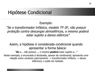 36
Hipótese Condicional
Hipótese Condicional
Exemplo:
“Se o transformador trifásico, modelo TF-3F, não possuir
proteção contra descargas atmosféricas, o mesmo poderá
estar sujeito a danos elétricos”
Assim, a hipótese é considerada condicional quando
apresentar a forma básica:
“Se o... não possuir..., o mesmo poderá estar sujeito a...”
Neste exemplo, o enunciado é declarado, apesar de condicional; apresenta uma
relação entre variáveis (aterramento → transformador trifásico → danos
elétricos); e pode ser testado.
 