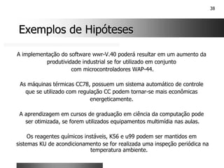 38
Exemplos de Hipóteses
Exemplos de Hipóteses
A implementação do software wwr-V.40 poderá resultar em um aumento da
produtividade industrial se for utilizado em conjunto
com microcontroladores WAP-44.
As máquinas térmicas CC78, possuem um sistema automático de controle
que se utilizado com regulação CC podem tornar-se mais econômicas
energeticamente.
A aprendizagem em cursos de graduação em ciência da computação pode
ser otimizada, se forem utilizados equipamentos multimídia nas aulas.
Os reagentes químicos instáveis, K56 e u99 podem ser mantidos em
sistemas KU de acondicionamento se for realizada uma inspeção periódica na
temperatura ambiente.
 