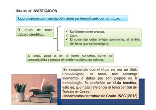 Todo proyecto de investigación debe ser identificado con un título.
Todo proyecto de investigación debe ser identificado con un título.
TÍTULOS DE INVESTIGACIÓN
El título de todo
trabajo científico:
El título de todo
trabajo científico:
Se recomienda que el título no sea un título
metodológico, es decir, que contenga
elementos o datos que son propios de la
metodología. Es preferible un título temático,
esto es, que haga referencia al tema central del
Trabajo de Grado.
Lineamientos de trabajo de Grado UNEG (2018)
Se recomienda que el título no sea un título
metodológico, es decir, que contenga
elementos o datos que son propios de la
metodología. Es preferible un título temático,
esto es, que haga referencia al tema central del
Trabajo de Grado.
Lineamientos de trabajo de Grado UNEG (2018)
 Suficientemente preciso.
 Claro.
 El contenido debe reflejar solamente, el ámbito
del tema que se investigará.
 Suficientemente preciso.
 Claro.
 El contenido debe reflejar solamente, el ámbito
del tema que se investigará.
El título, pasa a ser la forma concreta, como se
conceptualiza y precisa el problema objeto de estudio.
El título, pasa a ser la forma concreta, como se
conceptualiza y precisa el problema objeto de estudio.
 