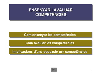 ENSENYAR I AVALUAR COMPETÈNCIES Com ensenyar les competències  Com avaluar les competències  Implicacions d’una educació per competències  