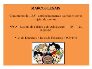 MARCOS LEGAIS
Constituição de 1988 – a primeira menção da criança como
sujeito de direitos.
•ECA –Estatuto da Criança e do Adolescente – 1990 – Lei.
8.069/90

•Lei de Diretrizes e Bases da Educação n°9.394/96

 