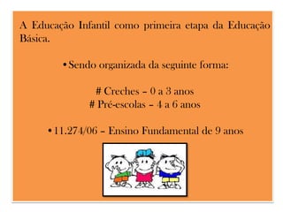 A Educação Infantil como primeira etapa da Educação
Básica.

•Sendo organizada da seguinte forma:
# Creches – 0 a 3 anos
# Pré-escolas – 4 a 6 anos
•11.274/06 – Ensino Fundamental de 9 anos

 
