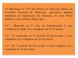 •A Resolução nº 6/10 da Câmara de Educação Básica do
Conselho Nacional de Educação, apresentou algumas
mudanças na organização da educação, de uma forma
sintética, essa resolução dispõe que:

•1º - Matrícula na 1ª série do Fundamental: 6 anos
completos de idade ou a completar até 31 de março;
•2º - As matrículas no 2º período do pré-escolar: 5 anos
completos ou a completar até 31 de março;
•3º - No 1º período do Pré-escolar: 4 anos completos ou a
completar até 31 de março;

 