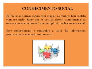 CONHECIMENTO SOCIAL
Refere-se às normas sociais com as quais as crianças têm contato
com seu meio. Saber que as pessoas devem cumprimentar as
outras ao se encontrarem é um exemplo de conhecimento social.
Esse conhecimento é construído a partir das informações
processadas na interação com o outro.

 