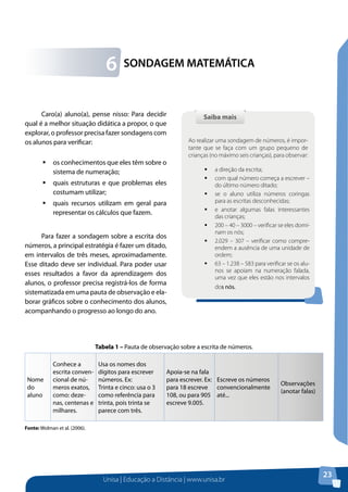 Unisa | Educação a Distância | www.unisa.br
23
SONDAGEM MATEMÁTICA6
Caro(a) aluno(a), pense nisso: Para decidir
qual é a melhor situação didática a propor, o que
explorar, o professor precisa fazer sondagens com
os alunos para verificar:
ƒƒ os conhecimentos que eles têm sobre o
sistema de numeração;
ƒƒ quais estruturas e que problemas eles
costumam utilizar;
ƒƒ quais recursos utilizam em geral para
representar os cálculos que fazem.
Para fazer a sondagem sobre a escrita dos
números, a principal estratégia é fazer um ditado,
em intervalos de três meses, aproximadamente.
Esse ditado deve ser individual. Para poder usar
esses resultados a favor da aprendizagem dos
alunos, o professor precisa registrá-los de forma
sistematizada em uma pauta de observação e ela-
borar gráficos sobre o conhecimento dos alunos,
acompanhando o progresso ao longo do ano.
Saiba maisSaiba mais
Ao realizar uma sondagem de números, é impor-
tante que se faça com um grupo pequeno de
crianças (no máximo seis crianças), para observar:
ƒƒ a direção da escrita;
ƒƒ com qual número começa a escrever –
do último número ditado;
ƒƒ se o aluno utiliza números coringas
para as escritas desconhecidas;
ƒƒ e anotar algumas falas interessantes
das crianças;
ƒƒ 200 – 40 – 3000 – verificar se eles domi-
nam os nós;
ƒƒ 2.029 – 307 – verificar como compre-
endem a ausência de uma unidade de
ordem;
ƒƒ 63 – 1.238 – 583 para verificar se os alu-
nos se apoiam na numeração falada,
uma vez que eles estão nos intervalos
dos nós.
Tabela 1 – Pauta de observação sobre a escrita de números.
Nome
do
aluno
Conhece a
escrita conven-
cional de nú-
meros exatos,
como: deze-
nas, centenas e
milhares.
Usa os nomes dos
dígitos para escrever
números. Ex:
Trinta e cinco: usa o 3
como referência para
trinta, pois trinta se
parece com três.
Apoia-se na fala
para escrever. Ex:
para 18 escreve
108, ou para 905
escreve 9.005.
Escreve os números
convencionalmente
até...
Observações
(anotar falas)
Fonte: Wolman et al. (2006).
 