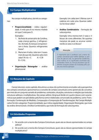Maria da Graça Fernandes Branco
Unisa | Educação a Distância | www.unisa.br
36
No campo multiplicativo, são três as catego-
rias:
ƒƒ Proporcionalidade – indica regulari-
dade. A está para B na mesma medida
em que C está para D.
Exemplos:
1.	 Na festa de aniversário de Carolina,
cada criança ganhou 2 refrigeran-
tes. Ao todo, 8 crianças comparece-
ram à festa. Quantos refrigerantes
havia?
2.	 Maria tem 4 selos. João tem 3 vezes
mais do que ela. Quantos selos tem
João? (A x b = C	 A = C/B	
B = C/A).
ƒƒ Organização Retangular – análise
dimensional
9.2 Campo Multiplicativo
AtençãoAtenção
É importante que o professor use a teoria do
campo conceitual para melhor planejar as prá-
ticas de sala de aula. Ao apresentar problemas,
deve verificar se os significados envolvidos são
explorados. Assim, as crianças percebem que di-
ferentes situações podem ser resolvidas pelo uso
de uma mesma operação.
Exemplo: Um salão tem 5 fileiras com 4
cadeiras em cada uma. Quantas cadei-
ras há nesse salão?
ƒƒ Análise Combinatória – formação de
subconjuntos
Exemplo: Uma menina tem 2 saias e 3
blusas de cores diferentes. De quantas
maneiras ela pode se arrumar combi-
nando as saias e as blusas?
9.3 Resumo do Capítulo
Caro(a) aluno(a), neste capítulo, discutimos as áreas do conhecimento ensinadas sob a perspectiva
dos campos conceituais; apresentamos o conceito de campos conceituais como apreensão de conceitos
por meio de um conjunto variado de problemas, conteúdos, situações, estruturas e relações que trata das
estruturas aditivas e multiplicativas. No campo aditivo, Vergnaud divide em quatro classes com caracte-
rísticas que podem ser percebidas pela forma como é elaborado o enunciado do problema, como:Trans-
formação, Combinação de Medidas, Comparação e Composição de Transformações. No Campo Multipli-
cativo há três categorias: Proporcionalidade, que indica regularidade; Organização Retangular, que trata
da análise dimensional; e Análise Combinatória, que trata da formação de subconjuntos.
9.4 Atividades Propostas
1.	 De acordo com a teoria dos Campos Conceituais, quais são as classes apresentadas no campo
aditivo?
2.	 De acordo com a teoria dos Campos Conceituais, quais são as classes apresentadas no campo
multiplicativo?
 