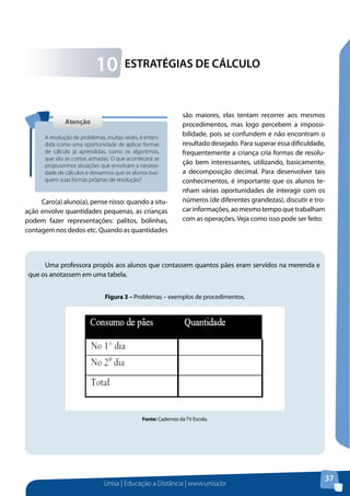 Unisa | Educação a Distância | www.unisa.br
37
ESTRATÉGIAS DE CÁLCULO10
AtençãoAtenção
A resolução de problemas, muitas vezes, é enten-
dida como uma oportunidade de aplicar formas
de cálculo já aprendidas, como os algoritmos,
que são as contas armadas. O que acontecerá se
propusermos situações que envolvam a necessi-
dade de cálculos e deixarmos que os alunos bus-
quem suas formas próprias de resolução?
Caro(a) aluno(a), pense nisso: quando a situ-
ação envolve quantidades pequenas, as crianças
podem fazer representações: palitos, bolinhas,
contagem nos dedos etc. Quando as quantidades
Uma professora propôs aos alunos que contassem quantos pães eram servidos na merenda e
que os anotassem em uma tabela.
Figura 3 – Problemas – exemplos de procedimentos.
Fonte: Cadernos da TV Escola.
são maiores, elas tentam recorrer aos mesmos
procedimentos, mas logo percebem a impossi-
bilidade, pois se confundem e não encontram o
resultado desejado. Para superar essa dificuldade,
frequentemente a criança cria formas de resolu-
ção bem interessantes, utilizando, basicamente,
a decomposição decimal. Para desenvolver tais
conhecimentos, é importante que os alunos te-
nham várias oportunidades de interagir com os
números (de diferentes grandezas), discutir e tro-
car informações, ao mesmo tempo que trabalham
com as operações. Veja como isso pode ser feito:
 