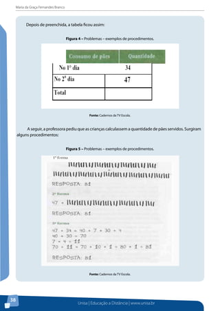 Maria da Graça Fernandes Branco
Unisa | Educação a Distância | www.unisa.br
38
Depois de preenchida, a tabela ficou assim:
Figura 4 – Problemas – exemplos de procedimentos.
Fonte: Cadernos da TV Escola.
A seguir, a professora pediu que as crianças calculassem a quantidade de pães servidos. Surgiram
alguns procedimentos:
Figura 5 – Problemas – exemplos de procedimentos.
Fonte: Cadernos da TV Escola.
 