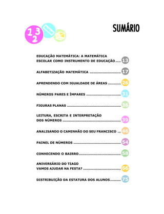 11
SUMÁRIOSUMÁRIOSUMÁRIOSUMÁRIOSUMÁRIO
EDUCAÇÃO MATEMÁTICA: A MATEMÁTICA
ESCOLAR COMO INSTRUMENTO DE EDUCAÇÃO ..... 13
ALFABETIZAÇÃO MATEMÁTICA ............................. 17
APRENDENDO COM IGUALDADE DE ÁREAS ............ 26
NÚMEROS PARES E ÍMPARES ................................ 31
FIGURAS PLANAS .................................................. 36
LEITURA, ESCRITA E INTERPRETAÇÃO
DOS NÚMEROS ...................................................... 39
ANALISANDO O CAMINHÃO DO SEU FRANCISCO ... 46
PAINEL DE NÚMEROS ............................................ 54
CONHECENDO O BAIRRO....................................... 58
ANIVERSÁRIO DO TIAGO
VAMOS AJUDAR NA FESTA? ................................... 66
DISTRIBUIÇÃO DA ESTATURA DOS ALUNOS.......... 75
 