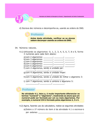 44
Secretaria de Estado da Educação do Paraná / Departamento de Ensino Fundamental
Professor
d) Escreva dez números e decomponha-os, usando as ordens do SND.
04. Números naturais.
4.1) Utilizando os algarismos: 0, 1, 2, 3, 4, 5, 6, 7, 8 e 9, forme
3 numerais para cada item abaixo:
a)com 2 algarismos: ________; ________; ________.
b)com 3 algarismos: ________; ________; ________.
c) com 4 algarismos: ________; ________; ________.
d)com 5 algarismos: ________;_________; ________.
e)com 6 algarismos: ________; ________; ________.
f) com 2 algarismos, sendo a unidade par:
________; __________; ___________.
g)com 4 algarismos, sendo a unidade ímpar:
___________; __________; __________.
h)com 5 algarismos, sendo a unidade de milhar o algarismo 3:
___________; __________; __________.
i) com 7 algarismos, sendo a centena o algarismo 5:
___________; __________; __________.
4.2) Agora, fazendo uso da calculadora, realize as seguintes atividades:
a)Dobre o 1º número do item d da atividade 4.1 e escreva-o
por extenso: ________________________________________
Antes desta atividade, verificar se os alunos
sabem decompor usando as ordens do SND.
Na atividade 4.1, letra a, é muito importante diferenciar os
termos “numeral” e “algarismo”, mostrando ao aluno que um
numeral pode ser formado por um ou mais algarismos. Por
exemplo, o numeral 234 é formado pelos algarismos 2, 3 e 4.
Professor
 