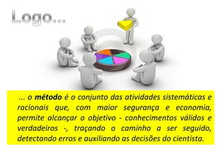 ... o método é o conjunto das atividades sistemáticas e
racionais que, com maior segurança e economia,
permite alcançar o objetivo - conhecimentos válidos e
verdadeiros -, traçando o caminho a ser seguido,
detectando erros e auxiliando as decisões do cientista.

 
