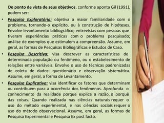 •

•

•

Do ponto de vista de seus objetivos, conforme aponta Gil (1991),
podem ser:
Pesquisa Exploratória: objetiva a maior familiaridade com o
problema, tornando-o explícito, ou à construção de hipóteses.
Envolve levantamento bibliográfico; entrevistas com pessoas que
tiveram experiências práticas com o problema pesquisado;
análise de exemplos que estimulem a compreensão. Assume, em
geral, as formas de Pesquisas Bibliográficas e Estudos de Caso.
Pesquisa Descritiva: visa descrever as características de
determinada população ou fenômeno, ou o estabelecimento de
relações entre variáveis. Envolve o uso de técnicas padronizadas
de coleta de dados: questionário e observação sistemática.
Assume, em geral, a forma de Levantamento.
Pesquisa Explicativa: visa identificar os fatores que determinam
ou contribuem para a ocorrência dos fenômenos. Aprofunda o
conhecimento da realidade porque explica a razão, o porquê
das coisas. Quando realizada nas ciências naturais requer o
uso do método experimental, e nas ciências sociais requer o
uso do método observacional. Assume, em geral, as formas de
Pesquisa Experimental e Pesquisa Ex post facto.

 