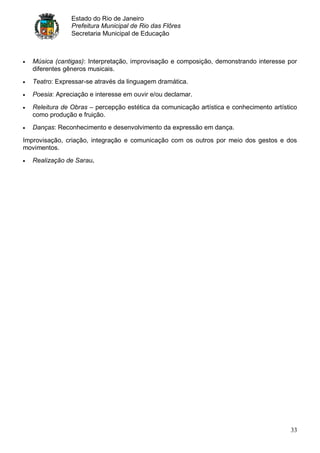 Estado do Rio de Janeiro
                Prefeitura Municipal de Rio das Flôres
                Secretaria Municipal de Educação



   Música (cantigas): Interpretação, improvisação e composição, demonstrando interesse por
   diferentes gêneros musicais.
   Teatro: Expressar-se através da linguagem dramática.
   Poesia: Apreciação e interesse em ouvir e/ou declamar.
   Releitura de Obras – percepção estética da comunicação artística e conhecimento artístico
   como produção e fruição.
   Danças: Reconhecimento e desenvolvimento da expressão em dança.

Improvisação, criação, integração e comunicação com os outros por meio dos gestos e dos
movimentos.
   Realização de Sarau.




                                                                                         33
 