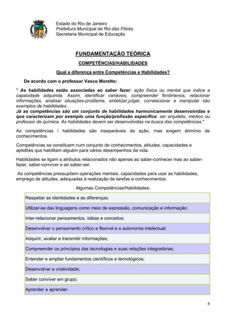 Estado do Rio de Janeiro
                   Prefeitura Municipal de Rio das Flôres
                   Secretaria Municipal de Educação



                              FUNDAMENTAÇÃO TEÓRICA
                               COMPETÊNCIAS/HABILIDADES
                    Qual a diferença entre Competências e Habilidades?
   De acordo com o professor Vasco Moretto:
" As habilidades estão associadas ao saber fazer: ação física ou mental que indica a
capacidade adquirida. Assim, identificar variáveis, compreender fenômenos, relacionar
informações, analisar situações-problema, sintetizar,julgar, correlacionar e manipular são
exemplos de habilidades.
Já as competências são um conjunto de habilidades harmonicamente desenvolvidas e
que caracterizam por exemplo uma função/profissão específica: ser arquiteto, médico ou
professor de química. As habilidades devem ser desenvolvidas na busca das competências."

As competências / habilidades são inseparáveis da ação, mas exigem domínio de
conhecimentos.
Competências se constituem num conjunto de conhecimentos, atitudes, capacidades e
aptidões que habilitam alguém para vários desempenhos da vida.
Habilidades se ligam a atributos relacionados não apenas ao saber-conhecer mas ao saber-
fazer, saber-conviver e ao saber-ser.
 As competências pressupõem operações mentais, capacidades para usar as habilidades,
emprego de atitudes, adequadas à realização de tarefas e conhecimentos.
                              Algumas Competências/Habilidades:

    Respeitar as identidades e as diferenças;

    Utilizar-se das linguagens como meio de expressão, comunicação e informação;

    Inter-relacionar pensamentos, idéias e conceitos;

    Desenvolver o pensamento crítico e flexível e a autonomia intelectual;

    Adquirir, avaliar e transmitir informações;

    Compreender os princípios das tecnologias e suas relações integradoras;

    Entender e ampliar fundamentos científicos e tecnológicos;

    Desenvolver a criatividade;

    Saber conviver em grupo;

    Aprender a aprender.


                                                                                           8
 