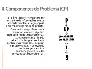 Componentes do Problema [CP]
  (...) é necessário o projetista ter
uma série de informações acerca
  de cada problema singular para
uma maior segurança no projeto.
     Desmontar um problema nos
        seus componentes significa
 descobrir muitos subproblemas.
          (...) A parte mais árdua do
    trabalho do designer será a de
 conhecer as várias soluções com
     o projeto global. A solução do
              problema geral está na
           coordenação criativa das
       soluções dos subproblemas.
 