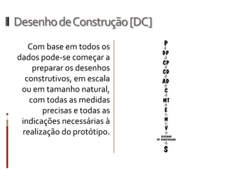 Desenho de Construção [DC]
    Com base em todos os
dados pode-se começar a
     preparar os desenhos
   construtivos, em escala
          ou em tamanho
     natural, com todas as
 medidas precisas e todas
as indicações necessárias
à realização do protótipo.
 