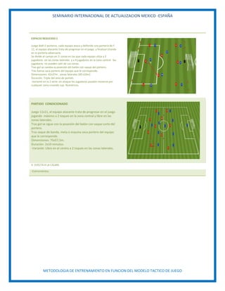 SEMINARIO INTERNACIONAL DE ACTUALIZACION MEXICO -ESPAÑA
METODOLOGIA DE ENTRENAMIENTO EN FUNCION DEL MODELO TACTICO DE JUEGO
ESPACIO REDUCIDO 2
Juego 8x8+2 porteros, cada equipo ataca y defiende una portería de f-
11, el equipo atacante trata de progresar en el juego y finalizar tirando
en la portería adversaria.
Se divide el campo en 3 zonas en las que cada equipo sitúa a 2
jugadores en las zonas laterales y a 4 jugadores en la zona central los
jugadores no pueden salir de sus zonas.
Tras gol se cambia la posesión del balón con saque del portero.
Tras fueras saca portero del equipo que le corresponde.
Dimensiones: 42x37m , zonas laterales (40 x10m)
Duración: Triple del area de penlati.
-Variante en la 2 serie: en ataque los jugadores pueden moverse por
cualquier zona creando sup. Numéricas.
PARTIDO CONDICIONADO
Juego 11x11, el equipo atacante trata de progresar en el juego
jugando máximo a 2 toques en la zona central y libre en las
zonas laterales.
Tras gol se sigue con la posesión del balón con saque corto del
portero.
Tras saque de banda, meta o esquina saca portero del equipo
que le corresponde.
Dimensiones: 75x57,5m.
Duración: 2x10 minutos.
-Variante: Libre en el centro a 2 toques en las zonas laterales.
4. VUELTA A LA CALMA.
-Estiramientos.
 