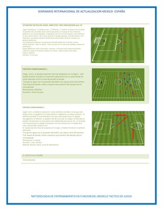SEMINARIO INTERNACIONAL DE ACTUALIZACION MEXICO -ESPAÑA
METODOLOGIA DE ENTRENAMIENTO EN FUNCION DEL MODELO TACTICO DE JUEGO
SITUACION TACTICA DE JUEGO AMPLITUD FASE FINALIZACION 5x4+ 1P
Juego 3 delanteros + 2 medias puntas x 4 defensas + 1 portero, la tarea inicia con balón
en posesión de una media punta central que parte con el apoyo de los 2 extremos
abiertos en los carriles laterales, el delantero centro en el carril central y otra media en
el carril centro-lateral a 40 m de la portería, el equipo atacante trata de eliminar a los
defensores que parten desde el borde del área de penalti y finalizar tirando en la
portería adversaria.
Tras finalización ofensiva o recuperación del balón defensiva se vuelve a iniciar.
Pautas ofensivas: Abrir el campo , Tocar y buscar 2x1 en una zona, paredes, cambios de
orientación …
Pautas defensivas: Salir al encuentro, bascular en función de la posición del balón,
cobertura simple en la banda y doble en el centro , evitar el pase entre líneas …
Espacio: 40x65m.
Duración: 15 minutos.
PARTIDO CONDICIONADO 1
Juego 11x11, el equipo atacante trata de progresar en el juego y solo
puede finalizar tirando en la portería adversaria tras un pase desde las
zonas laterales entre el área de penalti la banda.
Tras gol se sigue con la posesión del balón con saque corto del portero.
Tras saque de banda, meta o esquina saca portero del equipo que le
corresponde.
Dimensiones: 85x65m.
Duración: 2x10 minutos.
PARTIDO CONDICIONADO 2
Juego 11x11, se divide el campo en 2 zonas verticales centrales en las que cada
equipo sitúa a 3 jugadores en campo propio y 3 jugadores en campo contrario , se
delimitan también 4 zonas laterales en las que cada equipo sitúa a 1 jugador.
Los jugadores en defensa no pueden salir de sus zonas, en ataque los laterales se
pueden incorporarse a la zona lateral más adelantada para buscar 2x1 en la banda
y los extremos que se pueden incorporar a la zona central con o sin balón para
crear superioridad numérica 4x3.
El equipo atacante trata de progresar en el juego y finalizar tirando en la portería
adversaria.
Tras gol se sigue con la posesión del balón con saque corto del portero.
Tras saque de banda, meta o esquina saca portero del equipo que le
corresponde.
Dimensiones: ½ campo.
Duración: 2 X10 minutos.
Material: Balones, petos, conos de delimitación.
4. VUELTA A LA CALMA.
-Estiramientos.
 