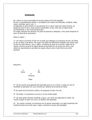 OPARALDO.


Se coloca un puro encendido en la boca hasta el fin del oparaldo.
El oluo y acompañantes deben ir protegidos con todas sus defensas. (collares, ildes,
mazo, manillas, gorro, etc...).
El oparaldo es para limpiar a una persona de un egun malo que tiene encima, es
peligroso para el oluo, pues puede montarsele, es por esto que se debe hacer
correctamente y con mucha precaución.
Se cogen siempre dos akukos uno para la persona a despojar y otro para limpiarse el
oluo, al final de la ceremonia.

Pasos a seguir :

1º Se marca una tena circular en el suelo que abarque a la persona de pie, las telas,
el obi, la itana y las flores. Se cogen tres telas de diferentes medidas una mayor que
la otra de color blanco, rojo y negro. La blanca se pone en el suelo y debe ser la
mayor, encima se pone la negra donde se escriben los 16 meyis con efun y por
ultimo la roja donde se escriben los signos Otura niko e Irete hierro con efun
tambien.




Esquema :


                X                              X
              Itana                           Obi
                              X
                            Persona

                            Telas


2º Se da cuenta moyugbando del oparaldo que se va a hacer y luego se reza el
ochebille al oparaldo con coco tirando por delante de la persona trozos.

3º Se rezan los 8 primeros mellis y se pregunta el otan con obi.

4º Se limpia a la persona con puro y oti de arriba abajo.

5º Se pasa atrás rezando ochebille a egun y se rezan los segundos 8 mellis. Se
vuelve a pedir el otan con coco y el destino del oparaldo.

6º Se vuelve a limpiar a la persona con el akuko amarrado a su pata izquierda tres
hierbas fuertes con cinta roja y negra, rezando el suyere del oparaldo.




Exclusivo para  Babalawos.                ifaileodara@yahoo.com                   140
 