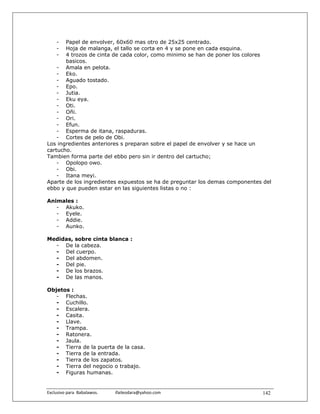 - Papel de envolver, 60x60 mas otro de 25x25 centrado.
     - Hoja de malanga, el tallo se corta en 4 y se pone en cada esquina.
     - 4 trozos de cinta de cada color, como minimo se han de poner los colores
       basicos.
    - Amala en pelota.
    - Eko.
    - Aguado tostado.
    - Epo.
    - Jutia.
    - Eku eya.
    - Oti.
    - Oñi.
    - Ori.
    - Efun.
    - Esperma de itana, raspaduras.
    - Cortes de pelo de Obi.
Los ingredientes anteriores s preparan sobre el papel de envolver y se hace un
cartucho.
Tambien forma parte del ebbo pero sin ir dentro del cartucho;
    - Opolopo owo.
    - Obi.
    - Itana meyi.
Aparte de los ingredientes expuestos se ha de preguntar los demas componentes del
ebbo y que pueden estar en las siguientes listas o no :

Animales :
   - Akuko.
   - Eyele.
   - Addie.
   - Aunko.

Medidas, sobre cinta blanca :
  - De la cabeza.
  - Del cuerpo.
  - Del abdomen.
  - Del pie.
  - De los brazos.
  - De las manos.

Objetos :
   - Flechas.
   - Cuchillo.
   - Escalera.
   - Casita.
   - Llave.
   - Trampa.
   - Ratonera.
   - Jaula.
   - Tierra de la puerta de la casa.
   - Tierra de la entrada.
   - Tierra de los zapatos.
   - Tierra del negocio o trabajo.
   - Figuras humanas.


Exclusivo para  Babalawos.                ifaileodara@yahoo.com              142
 