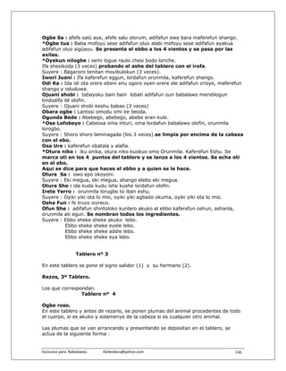Ogbe Sa : afefe salú aye, afefe salu olorum, adifafun ewe bara maferefun shango.
*Ogbe tua : Baba mofoyú sese adifafun oluo alabi mofoyu sese adifafun ayakua
adifafun oluo sigüayu. Se presenta el ebbo a los 4 vientos y se pasa por las
axilas.
*Oyekun nilogbe : semi logue raulo chesi bodo loriche.
Ifa shesikoda (3 veces) probando el ashe del tablero con el irofa.
Suyere : Bagaroro tenitan moyibulokun (3 veces).
Iwori Juani : Ifa kaferefun eggun, lordafun orunmila, kaferefun shango.
Odi Ka : Ida idi ota orere ebeni enu ogoro oyen orere ole adifafun crioye, maferefun
shango y oduduwa.
Ojuani shobi : tabayoku bain bain lobati adifafun oun babalawo meridilogun
tindodifa ilé olofin.
Suyere : Ojuani shobi keshu babao (3 veces)
Obara ogbe : Lantosi omodu omi ke beoda.
Ogunda Bede : Abebego, abebego, abebe eran kule.
*Osa Lofobeyo : Cabeosa oma inturi, oma lordafun babalawo olofin, orunmila
lorogbo.
Suyere : Shoro shoro laminagada (bis 3 veces).se limpia por encima de la cabeza
con el ebo.
Osa Ure : kaferefun obatala y alafia.
*Otura niko : iku onika, otura niko kuokuo omo Orunmila. Kaferefun Eshu. Se
marca oti en los 4 puntos del tablero y se lanza a los 4 vientos. Se echa oti
en el ebo.
Aquí se dice para que haces el ebbo y a quien se le hace.
Otura Sa : owo epo okoyoni.
Suyere : Eki megua, eki megua, shango elebo eki megua.
Otura She : ida kuda kudu ishe kushe lordafun olofin.
Irete Yerro : orunmila lorugbo to iban eshu.
Suyere : Oyiki yiki ota lo mio, oyiki yiki agbado okuma, oyiki yiki ota lo mio.
Oshe Fun : fe truco icoreco.
Ofun She : adifafun shintoloko kunlaro akuko al ebbo kaferefun oshun, ashanla,
orunmila ati egun. Se nombran todos los ingredientes.
Suyere : Ebbo sheke sheke akuko lebo.
           Ebbo sheke sheke eyele lebo.
           Ebbo sheke sheke addie lebo.
           Ebbo sheke sheke eya lebo.


                    Tablero nº 3

En este tablero se pone el signo salidor (1) y su hermano (2).

Rezos, 3º Tablero.

Los que correspondan.
                Tablero nº 4

Ogbe roso.
En este tablero y antes de rezarlo, se ponen plumas del animal procedentes de todo
el cuerpo, si es akuko y solamenye de la cabeza si es cualquier otro animal.

Las plumas que se van arrancando y presentando se depositan en el tablero, se
actua de la siguiente forma :


Exclusivo para  Babalawos.                ifaileodara@yahoo.com                 146
 