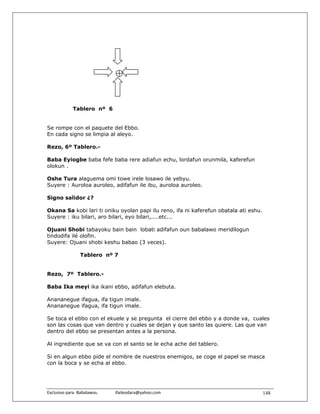 Tablero nº 6


Se rompe con el paquete del Ebbo.
En cada signo se limpia al aleyo.

Rezo, 6º Tablero.-

Baba Eyiogbe baba fefe baba rere adiafun echu, lordafun orunmila, kaferefun
olokun .

Oshe Tura alaguema omi towe irele losawo ile yebyu.
Suyere : Auroloa auroleo, adifafun ile ibu, auroloa auroleo.

Signo salidor ¿?

Okana Sa kobi lari ti oniku oyolan papi ilu reno, ifa ni kaferefun obatala ati eshu.
Suyere : iku bilari, aro bilari, eyo bilari,....etc...

Ojuani Shobi tabayoku bain bain lobati adifafun oun babalawo meridilogun
tindodifa ilé olofin.
Suyere: Ojuani shobi keshu babao (3 veces).

                  Tablero nº 7


Rezo, 7º Tablero.-

Baba Ika meyi ika ikani ebbo, adifafun elebuta.

Anananegue ifagua, ifa tigun imale.
Anananegue ifagua, ifa tigun imale.

Se toca el ebbo con el ekuele y se pregunta el cierre del ebbo y a donde va, cuales
son las cosas que van dentro y cuales se dejan y que santo las quiere. Las que van
dentro del ebbo se presentan antes a la persona.

Al ingrediente que se va con el santo se le echa ache del tablero.

Si en algun ebbo pide el nombre de nuestros enemigos, se coge el papel se masca
con la boca y se echa al ebbo.




Exclusivo para  Babalawos.                ifaileodara@yahoo.com                        148
 