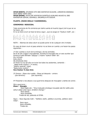 OFUN BIRETE, OFUNOGO ATE ABO ADIFAFUN OLOLESE, LORDAFUN ANANAGU
INYA OBINI TONTI OKO.
OFUN SHEWE, OFUN SHE ADIFAFUN SHINTOLO KUNLARO AKUKO AL EBO
KAFEREFUN OSHUN, OSHANLA, ORUNMILA ATI EGGUN.

PLANTE. (MANO ORULA Y GUERREROS).

CEREMONIA REDUCIDA.

Toda ceremonia de ifa comienza por darle cuenta al muerto (egun) de lo que se va
ha hacer, asi :
Si no se tiene orum se hace la tena a egun , que se acoge en "Oyekun melli", asi :

+        +      +      +     +     +     +      +     +      +      +      +     +
O   I   I I    I I   O I    I O   I O   O    I O I   O I   O I     I I   O I    O O
O   O   I I    I I   I I    I I   I O   O    I O O   I O   I I     I O   O I    O O
O   O   O O    I O   O I    I I   I O   O    I O I   I I   I O     I I   I I    O O
O   I    I I   O I    I O   I I   O O   O    O O O   O O   O I     I I    I I   O O


NOTA : Ademas de estos odum se puede poner el de cualquier otro invitado.

En caso de tener orum el paso anterior no se tiene en cuenta y se hacen los pasos
siguientes :

1º Dar cuentas a orum de la entrega y de los animales.
Se le da obi a eggun moyugbando, durante la moyugba hay un awo auxiliar que
tomara el palo llamado "pagugu" y rezara "oyekun obbe" asi:
Aru nichupa
Keta siboro
Ifa shesikoda (bis)
2º Poner la cruz de efun en la leri de todos los asistentes, cantando :
 "Baba lordo nicefun" ( 4 veces).
"Nilefun awanile" (oba).
"Baba lordo nicefun".
Para finalizar To Iban Echu

3º Omiero - Elese otun walde - Elese osi lakayoto - omiero
  (pie derecho)        (pie izquierdo)


4º Presentar a los aleyos a sus guerreros despues de moyugbar y darles de comer.

Obi a guerreros :
Elewa : Moyugba
         Rezo Ogbe ate : “Orun kobuade omologun kousade oda feri adifa yoko
oshun adipa yoko ogun, lordafun shango.”
         Rezo Elewa.
         Rezo Ochebille.
       Tirada de obi, pidiendo el OTAN.

Ogun : Rezo Ogunda melli : “Adifafun olofin, adifafun orunmila, adifafun obini
meta”.
        Rezo ogun.
        Rezo ochebille.
        Tirada obi.


Exclusivo para  Babalawos.                ifaileodara@yahoo.com                       160
 