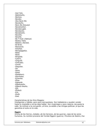 -Ayé Yelú.
-Babikikeño.
-Bankeo.
-Barabo.
-Okú Bará Iñé.
-Barakeño.
-Bara Ala Assuayó
-Barakikeñerí.
-Baralanugbé.
-Baralayikú.
-Barakikeño.
-Baraíño.
-Barañá.
-Ba Tì Eyé o Batioyé.
-Beddun Bela.
-Beleké o Bereké.
-Bi Biribí.
-Biawooná.
-Kikañaó.
-Baragaggalúo.
-Bobe.
-Bodo.
-Bragada.
-Cotero.
-Chiguidí.
-Chikuabú.
-Chinkí.
-Daguese.
-De.
-Dexe.
-Doké.
-Ebelakenú.
-Eborikeke.
-Echeriké.
-Efisa.
-Egbayilá.
-Egbelukeño.
-Egberé Kikeño.
-Ejó.
-Ekileyó.
-Eré.
-Elufé.
-Ewé.

Caracteristicas de los Omo Eleggúa:
Inteligentes y hábiles ,pero poco escrupulosos. Son habladores y pueden vender
hasta lo imposible si se les deja hablar. Son mujeriegos y poco caseros ,les gusta la
calle. Se inclinan a la corrupción ,el timo ,la estafa y las intrigas políticas ,lo que les
garantiza el exito en la vida.

Oggún
Oricha de los hierros ,metales ,de los herreros ,de las guerras ,vigia de los seres
humanos. Su nombre proviene del Yorùbá Òggúm (guerra). Proviene de Ileshá y fue


Exclusivo para  Babalawos.                ifaileodara@yahoo.com                         62
 