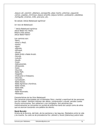 ,bejuco ubí ,casimón ,albahaca ,zarzaparilla ,alejo macho ,artemisa ,caguairán
,cenizo ,copaiba ,chirimoya ,bejuco amarillo ,bejuco lombriz ,cardosanto ,cabolletas
,hortiguilla ,incienso ,millo ,pica pica ,etc.

Se saluda ¡Jekúa Babaluayé agrónica!

Un rezo de Babaluayé:

" Jekúa Babaluayé agrónica
Jekúa Babá mío nibaro
Nibaro arde obissa
Jekúa Babá Fideno"

Los caminos son:
-Nanú.
-Asoyí u Asojí.
-Ayanó.
-Aguó.
-Aliprete.
-Afimayé.
-Aluiyá.
-Babá Aribó o Babá Arubó.
-Socutá.
-Lokuón.
-Asudó.
-Sujjú.
-Dakuanambó.
-Afrekereté.
-Kaké.
-Osuniké.
-Babá Mafí.
-Sagpatá.
-Chakuaná o Chakpana.
-Obarileo.
-Lanwelosán.
-Babá Aluwa.
-Babá Agrónica o Acrónica.
-Babá Yonkó.
-Babá Odé.
-Osanlao.
-Babá Wueroato.
-Abosojún.

Características de los Omo Babaluayé:
Son personas preocupadas por el bienestar físico ,mental y espiritual de las personas
que los rodean. Siempre intentan dar afecto ,comprensión y ayuda ,peroles cuesta
mucho comunicarse. Son solitarios y con complejos. Son personas que
instintivamente se convierten en puntal de enfermos tanto de cuerpo como de alma
que se acercan buscando una palabra de aliento.

Naná Burukú
Orisha de la llovizna ,del lodo ,de los pantanos y las lagunas. Mediadora entre la vida
y la muerte. Su culto es de procedencia Fon ,Ashanti y Arará (Dahomey),sobre todo


Exclusivo para  Babalawos.                ifaileodara@yahoo.com                    76
 