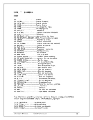 IRES        Y       OSOGBOS.

IRES.-

IRE....................................Suerte.
IRE ARIKU.........................Suerte de salud.
IRE MOTA ARI.....................Suerte loteria.
IRE OWO...........................Suerte dinero.
IRE OMO............................Suerte por los hijos.
IRE OMA............................De inteligencia.
IRE DIDARA........................Bienestar.
IRE BUYOKO........................Un bien que viene despacio
IRE AJE...............................Riqueza.
IRE ACHEKUN OTA...............Vencimiento por osha.
IRE ACHEKUNOTA COLLEN ADIO...Vencimiento enemigos.
IRE OBALE ..........................Alcanzar el poder.
IRE SHAIE............................Suerte provisional.
IRE ILE SIWAYU....................Suerte en la casa del padrino.
IRE AYE IKU..........................Burlar la muerte.
IRE OLO OYE........................Sabiduria.
IRE LOSHOWO......................Negocios y comercio
IRE ENIRON.........................Por la videncia.
IRE BETANSI........................Por bondad.
IRE AYA TEBAL................ ...Esta en el aire
IRE ELESE EGUN..................Atraves de los muertos
IRE DE WUANTOLOCUM..........Atraves del mar completa
IRE ELESE OCHA...................Por los oshas
IRE ANTONOWA....................Por el asentamiento.
IRE LAYE...............................Bien por la tierra.
IRE OBINI..............................Bien atraves de mujer.
IRE OCUTA...........................Bien atraves osha.
IRE LESE LERI......................Bien por s cabeza
IRE LLOC ILE........................Bien por su casa
IRE IYAMI.............................Bien por su mama.
IRE ALLI OWO......................Vencer en el dinero.
IRE BABAMI............................Bien por su padre.
IRE ALEYO...............................Proximidad de aleyos.
IRE OSHONKELAWO..................Por un resguardo.
IRE ESE LOKUN........................Atraves del mar
IRE ABILONA............................Tener los caminos abiertos.
IRE LALAFIA..............................Felicidad.
IRE ONIDA..............................Libertad.
IRE AYE...................................De todo por los oshas
IRE BAWA ILE...........................Que viene a su casa.


Para determinar quien trae, quien da o a traves de quien se adquiere el IRE se
utilizan las palabras ELESE (al pie) o NITOSI (por), ejemplos :

ELESE     ORUNMILA.............Al          pie   de orula.
ELESE     OSHA....................Al       pie   del osha.
ELESE     ORISHA.................Al        pie   de una deidad.
ELESE     EGGUN.................Al         pie   del muerto


Exclusivo para  Babalawos.                ifaileodara@yahoo.com                  93
 