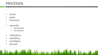 PROCESSOS

•   venda
•   apoio
•   financeiro

•   operação
     – kb hardware
     – kb software

•   indicadores
•   marketing
•   estratégico
•   pessoas
 
