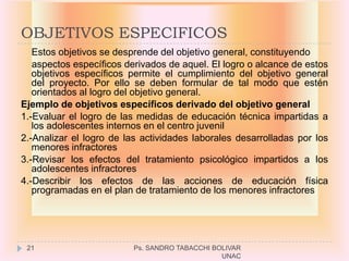 OBJETIVOS ESPECIFICOS
   Estos objetivos se desprende del objetivo general, constituyendo
   aspectos específicos derivados de aquel. El logro o alcance de estos
   objetivos específicos permite el cumplimiento del objetivo general
   del proyecto. Por ello se deben formular de tal modo que estén
   orientados al logro del objetivo general.
Ejemplo de objetivos específicos derivado del objetivo general
1.-Evaluar el logro de las medidas de educación técnica impartidas a
   los adolescentes internos en el centro juvenil
2.-Analizar el logro de las actividades laborales desarrolladas por los
   menores infractores
3.-Revisar los efectos del tratamiento psicológico impartidos a los
   adolescentes infractores
4.-Describir los efectos de las acciones de educación física
   programadas en el plan de tratamiento de los menores infractores




 21                       Ps. SANDRO TABACCHI BOLIVAR
                                                UNAC
 