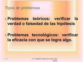 Tipos de problemas

 Problemas      teóricos: verificar la
    verdad o falsedad de las hipótesis

 Problemas      tecnológicos: verificar
    la eficacia con que se logra algo.



3               Ps. SANDRO TABACCHI BOLIVAR
                                      UNAC
 