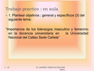 Trabajo practico : en aula
    1. Plantear objetivos : general y específicos (3) del
     siguiente tema:

“Importancia de los liderazgos masculino y femenino
  en la docencia universitaria en     la Universidad
  Nacional del Callao Sede Cañete”




    32                  Ps. SANDRO TABACCHI BOLIVAR
                                              UNAC
 