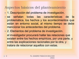 Aspectos básicos del planteamiento
       1. Descripción del problema de investigación.
       se señalan todas las características de la
        problemática, los hechos y los acontecimientos que
        están en entorno social, al mismo tiempo se debe
        mencionar los antecedentes del problema.
       2. Elementos del problema de investigación.
        el investigador procurará hallar las relaciones que
        existen entre los hechos empíricos, por una parte, y
        entre las explicaciones racionales por la otra, y
        tratara de relacionar aquellos con estas.


    9                    Ps. SANDRO TABACCHI BOLIVAR
                                               UNAC
 