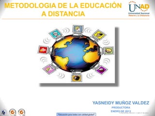 METODOLOGIA DE LA EDUCACIÓN
        A DISTANCIA




                                                  YASNEIDY MUÑOZ VALDEZ
                                                        PRODUCTORA
                                                        ENERO DE 2013
                                                             FI-GQ-GCMU-004-015 V. 000-27-08-2011
            “Educación para todos con calidad global”
 