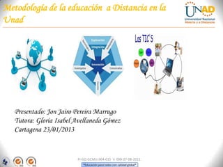 Metodología de la educación a Distancia en la
Unad




   Presentado: Jon Jairo Pereira Marrugo
   Tutora: Gloria Isabel Avellaneda Gómez
   Cartagena 23/01/2013


                         FI-GQ-GCMU-004-015 V. 000-27-08-2011
                            “Educación para todos con calidad global”
 