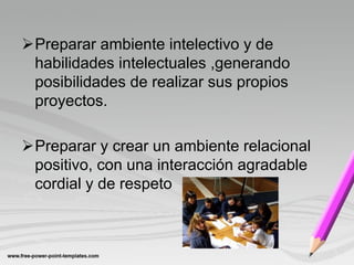 Preparar ambiente intelectivo y de
 habilidades intelectuales ,generando
 posibilidades de realizar sus propios
 proyectos.

Preparar y crear un ambiente relacional
 positivo, con una interacción agradable
 cordial y de respeto
 