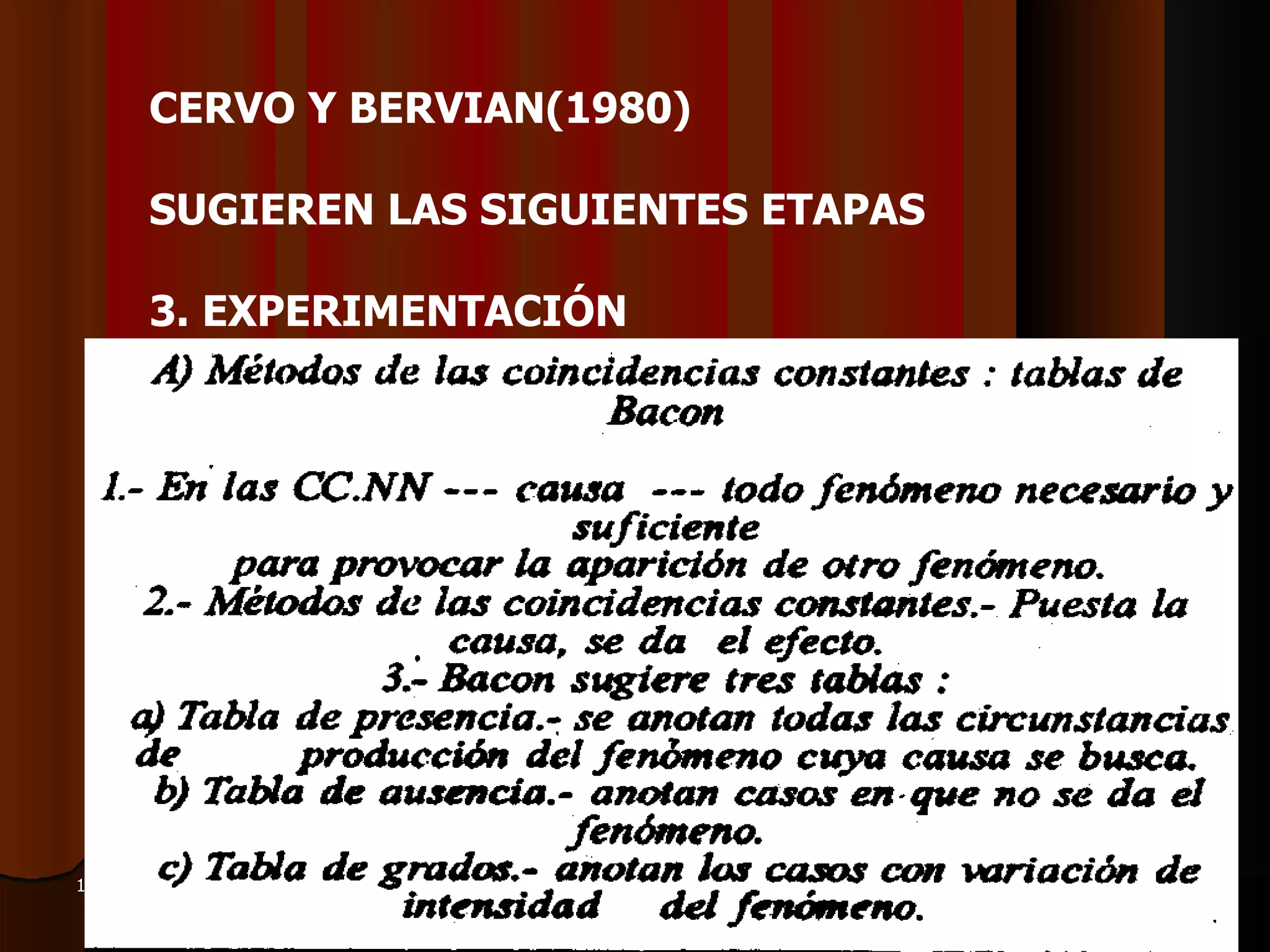 CERVO Y BERVIAN(1980)  SUGIEREN LAS SIGUIENTES ETAPAS    3.  EXPERIMENTACIÓN  