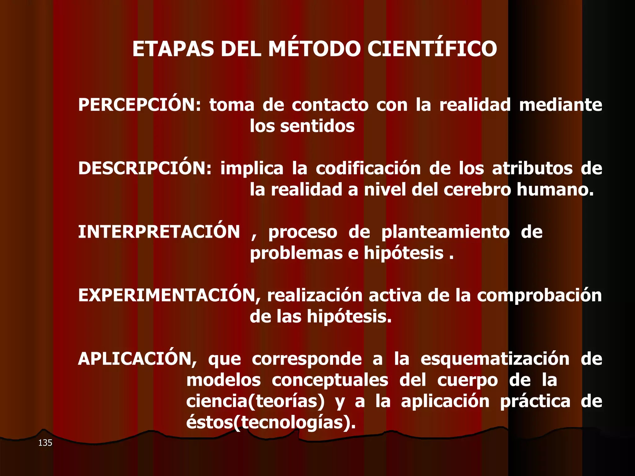 ETAPAS DEL MÉTODO CIENTÍFICO PERCEPCIÓN: toma de contacto con la realidad mediante  los sentidos    DESCRIPCIÓN: implica la codificación de los atributos de  la realidad a nivel del cerebro humano.   INTERPRETACIÓN , proceso de planteamiento de  problemas e hipótesis .   EXPERIMENTACIÓN, realización activa de la comprobación  de las hipótesis.   APLICACIÓN, que corresponde a la esquematización de  modelos conceptuales del cuerpo de la  ciencia(teorías) y a la aplicación práctica de  éstos(tecnologías). 
