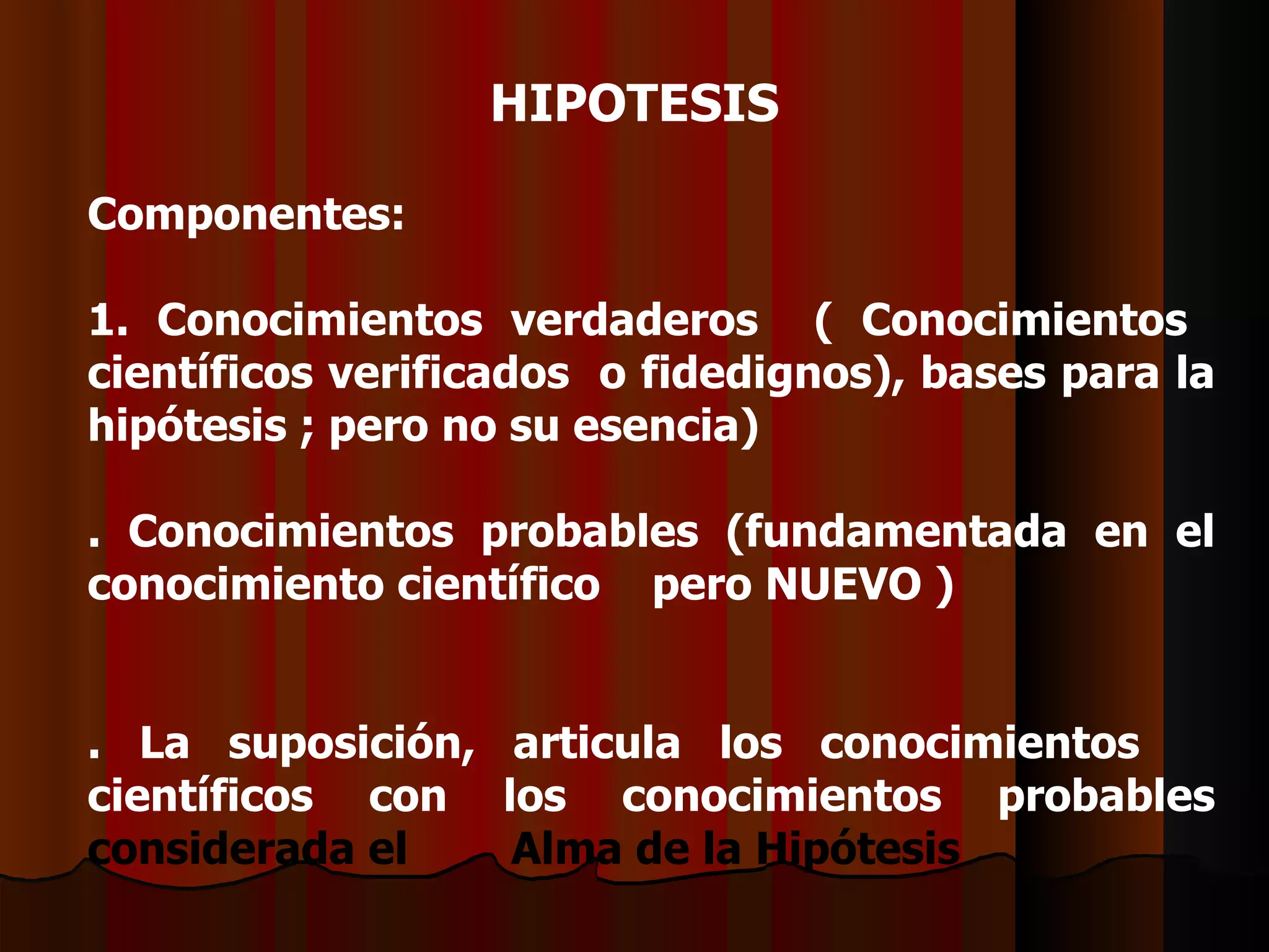 CComponentes: 1. Conocimientos verdaderos  ( Conocimientos  científicos verificados  o fidedignos), bases para la hipótesis ; pero no su esencia)  2. Conocimientos probables (fundamentada en el conocimiento científico  pero NUEVO )   3. La suposición, articula los conocimientos  científicos con los conocimientos probables  considerada el  Alma de la Hipótesis  HIPOTESIS 