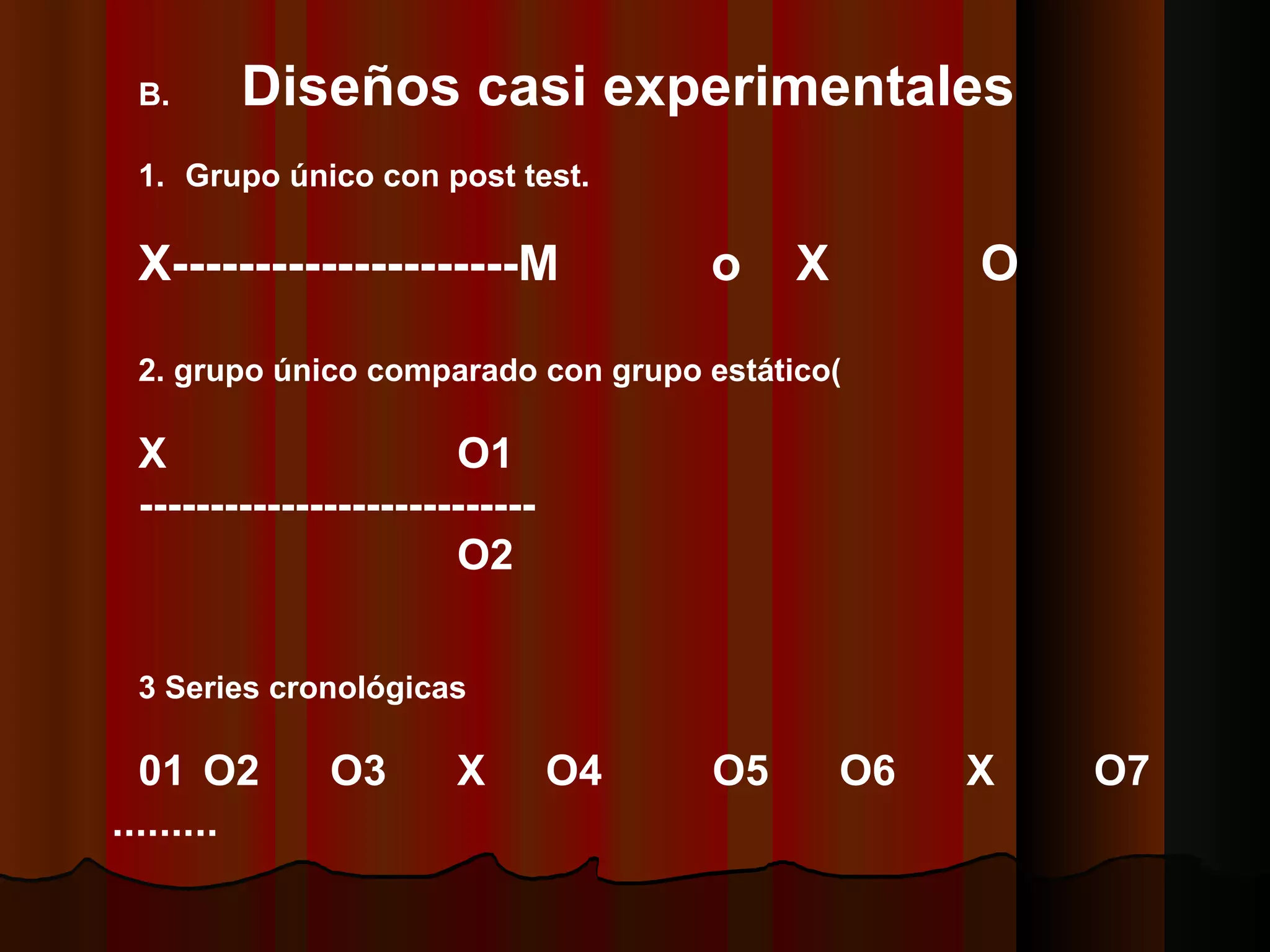 B.                Diseños casi experimentales   1.      Grupo único con post test.   X---------------------M o  X  O      2. grupo único comparado con grupo estático(    X O1 ---------------------------- O2     3 Series cronológicas   01 O2 O3 X  O4 O5 O6  X  O7  .........   