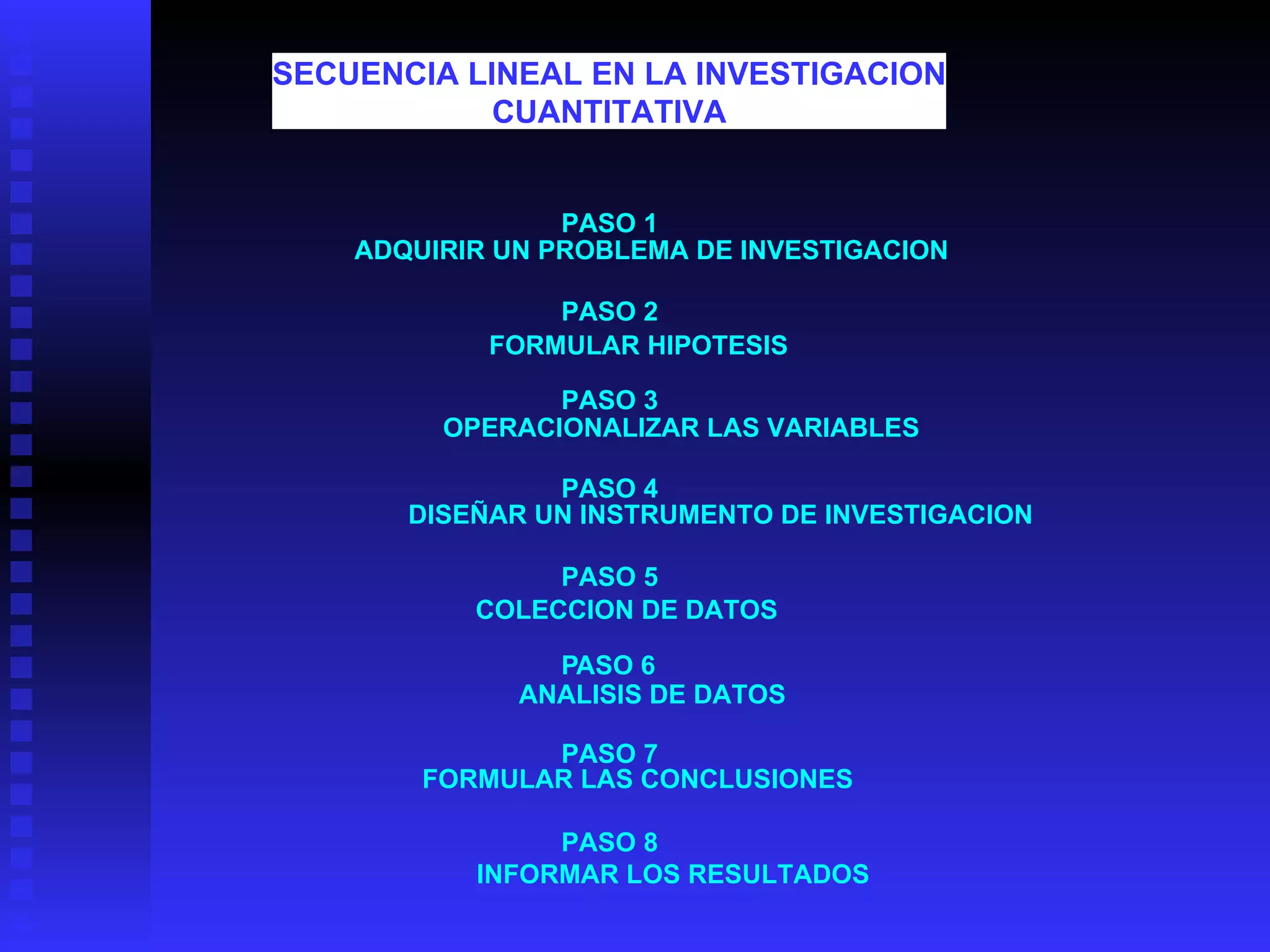 SECUENCIA LINEAL EN LA INVESTIGACION CUANTITATIVA PASO 1 ADQUIRIR UN PROBLEMA DE INVESTIGACION PASO 2 FORMULAR HIPOTESIS PASO 3 OPERACIONALIZAR LAS VARIABLES PASO 4 DISEÑAR UN INSTRUMENTO DE INVESTIGACION PASO 5 COLECCION DE DATOS P ASO 6 ANALISIS DE DATOS PASO 7 FORMULAR LAS CONCLUSIONES PASO 8 INFORMAR LOS RESULTADOS 