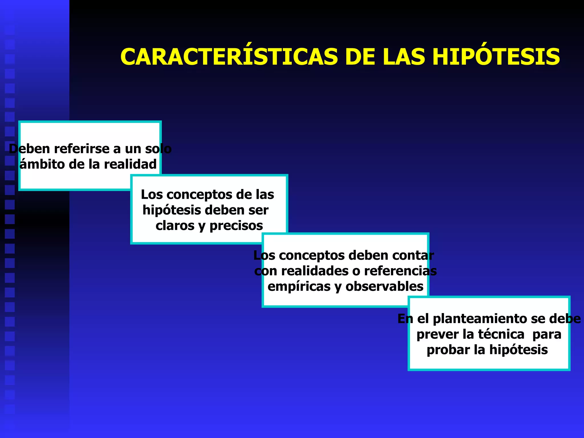 CARACTERÍSTICAS DE LAS HIPÓTESIS Deben referirse a un solo ámbito de la realidad  Los conceptos de las  hipótesis deben ser  claros y precisos Los conceptos deben contar  con realidades o referencias empíricas y observables En el planteamiento se debe prever la técnica  para  probar la hipótesis  